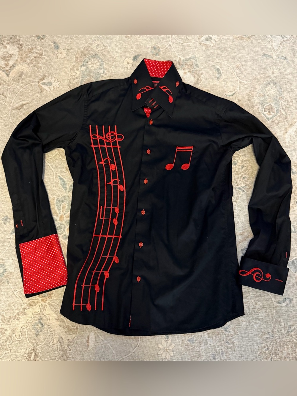 Axxess Black Cotton Red Music Notes Embroidery High Collar French Cuff Shirt